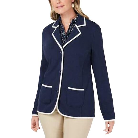 CHARTER CLUB Women's Blazer PM Navy Blue w/White Trim Button Down Knit Jacket - Picture 1 of 12